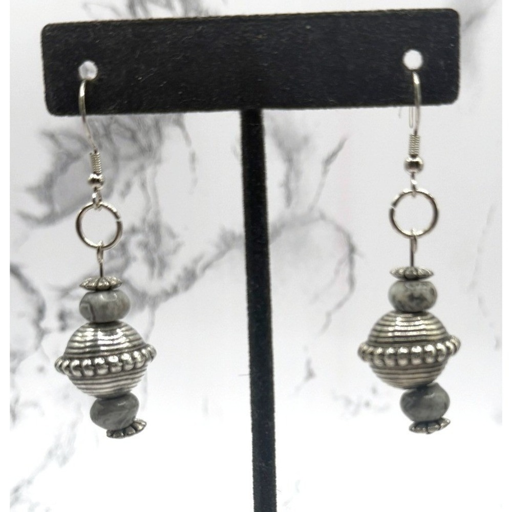 Boho Sodalite Drop Earrings 2" Gray Marbling Silver Tone Beaded Dangle